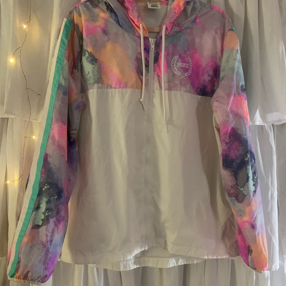 ✨HALF OFF SALE✨Rare Victoria’s Secret Pink White & Watercolor Hooded Rain Jacket